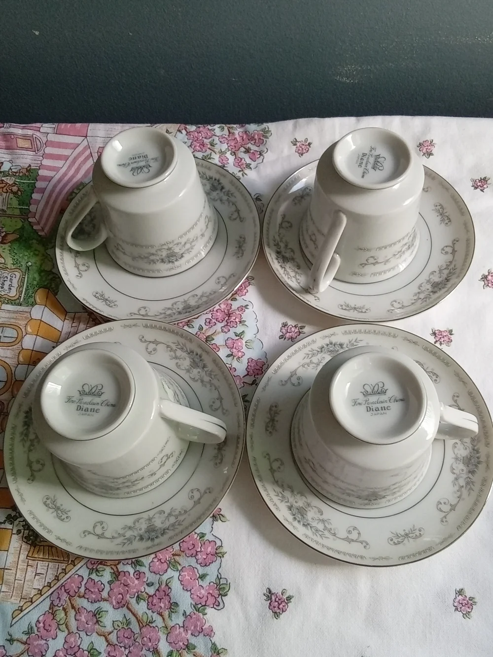 Fine Porcelain China Diane Japan Tea‎ Cup and Saucer Set of 4 Grey Floral Silver